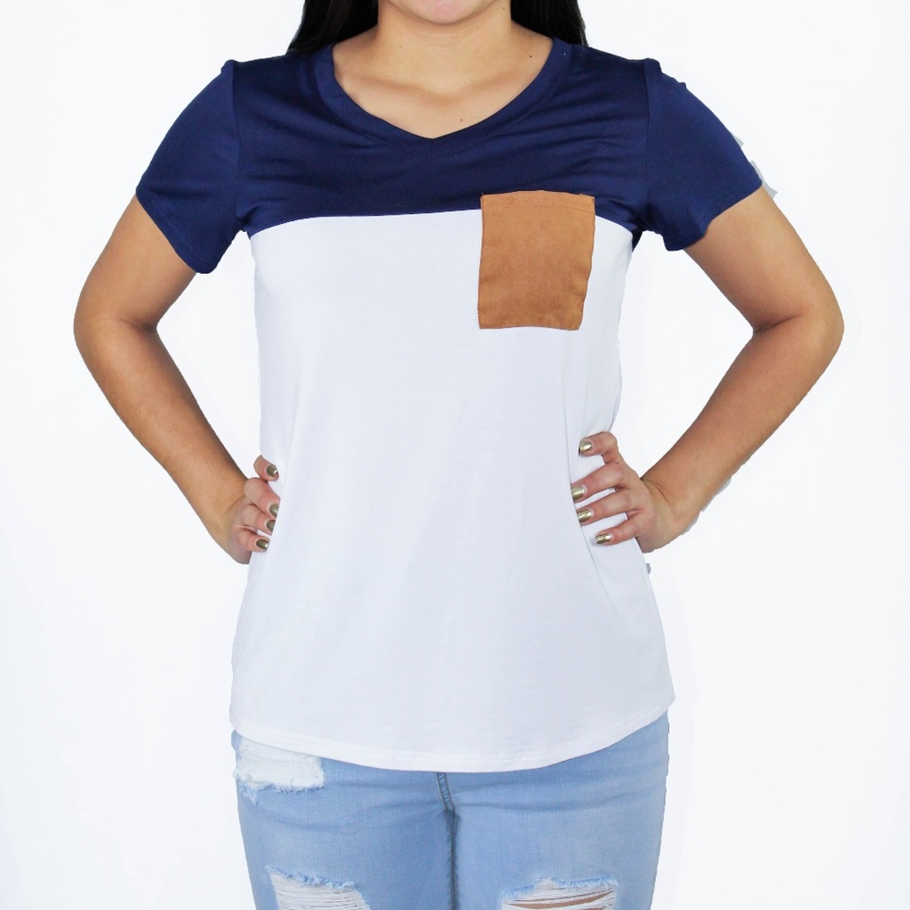 Navy Blue and White Color Block V-Neck T-Shirt